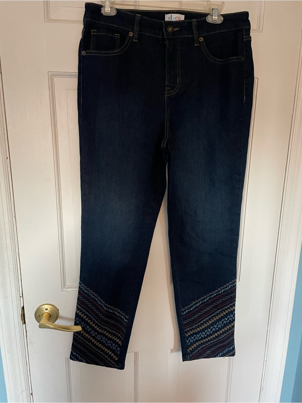 Dark Blue denim & co. Women's Straight-Leg cropped Jeans with Patterned Hem